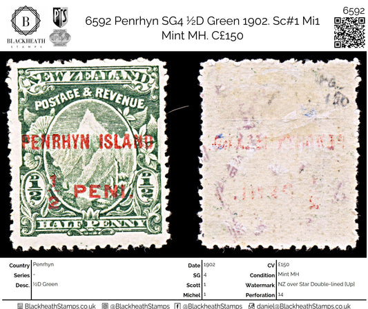 6592 Penrhyn SG4 ½D Green 1902. Sc#1 Mi1 Mint MH. C£150