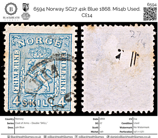 6594 Norway SG27 4sk Blue 1868. Mi14b Used. C£14