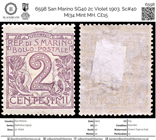 6598 San Marino SG40 2c Violet 1903. Sc#40 Mi34 Mint MH. C£15