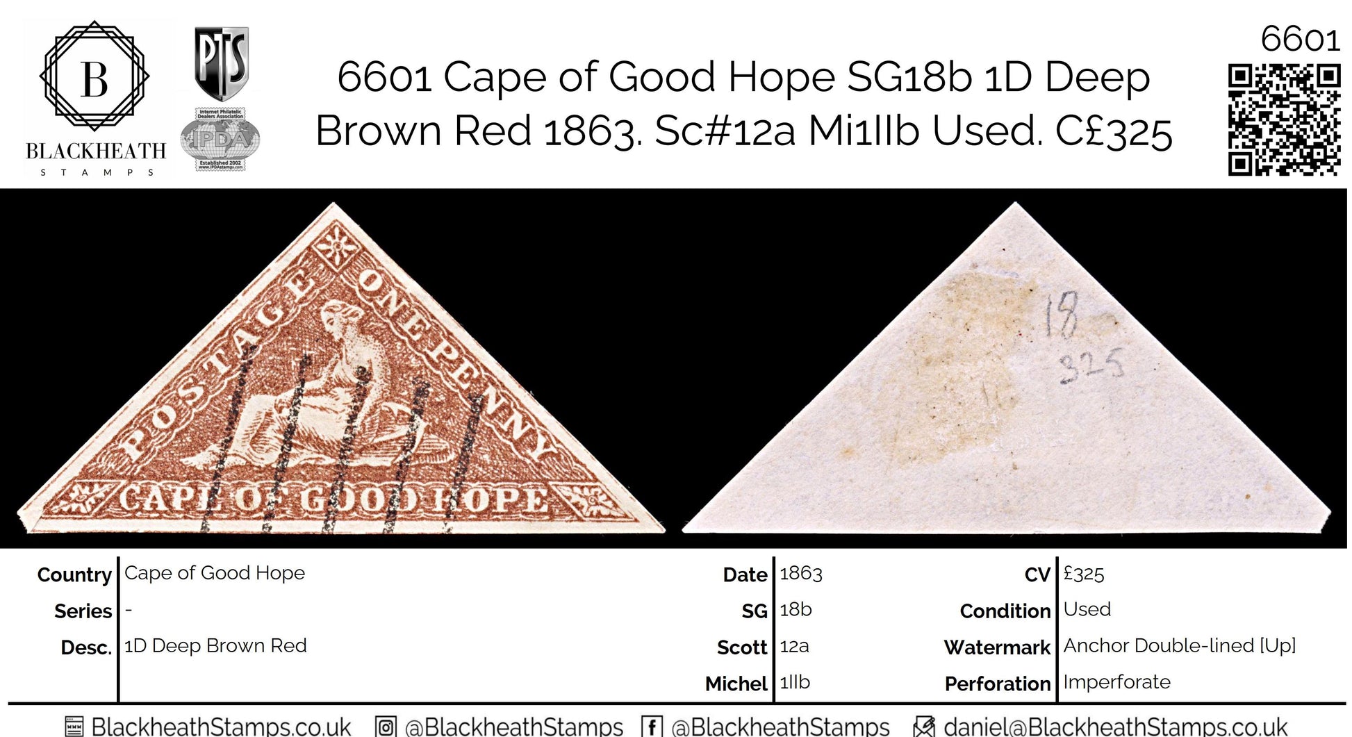 6601 Cape of Good Hope SG18b 1D Deep Brown Red 1863. Sc#12a Mi1IIb Used. C£325