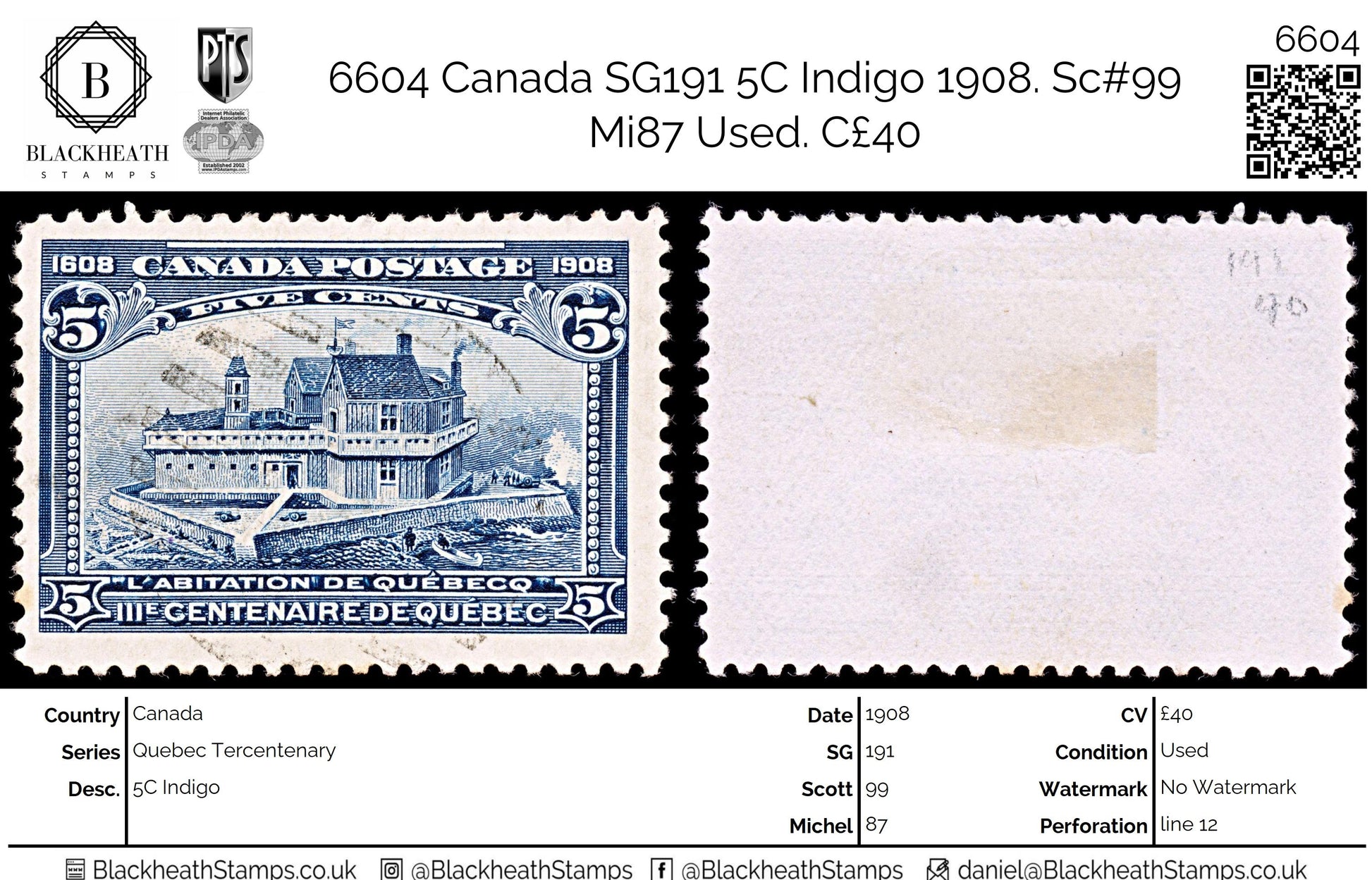 6604 Canada SG191 5C Indigo 1908. Sc#99 Mi87 Used. C£40