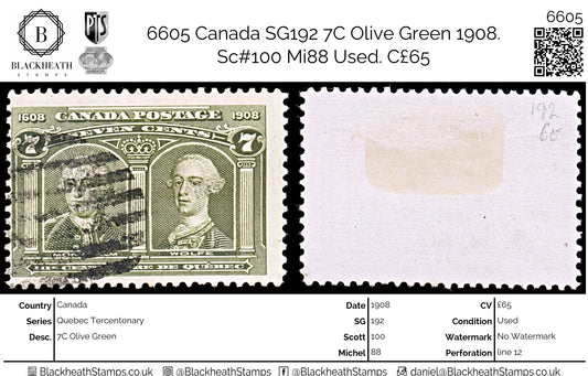 6605 Canada SG192 7C Olive Green 1908. Sc#100 Mi88 Used. C£65