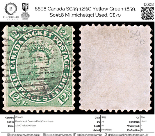 6608 Canada SG39 12½C Yellow Green 1859. Sc#18 Mi[michelqc] Used. C£70