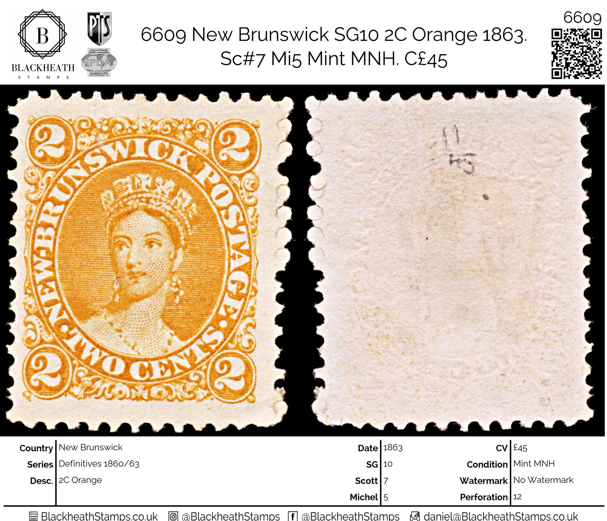 6609 New Brunswick SG10 2C Orange 1863. Sc#7 Mi5 Mint MNH. C£45