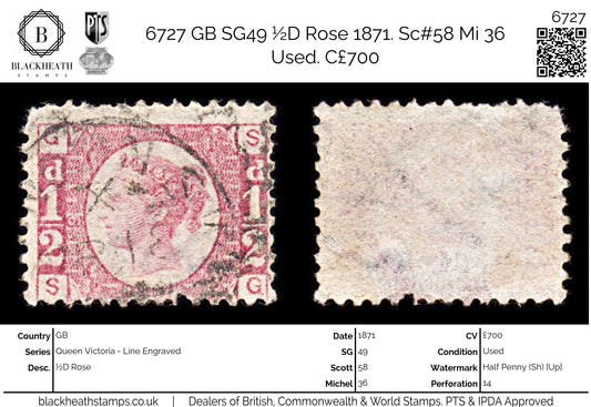 6727 GB SG49 ½D Rose. Plate 9 "SG" 1871. Sc#58 Mi 36 Used. C£700