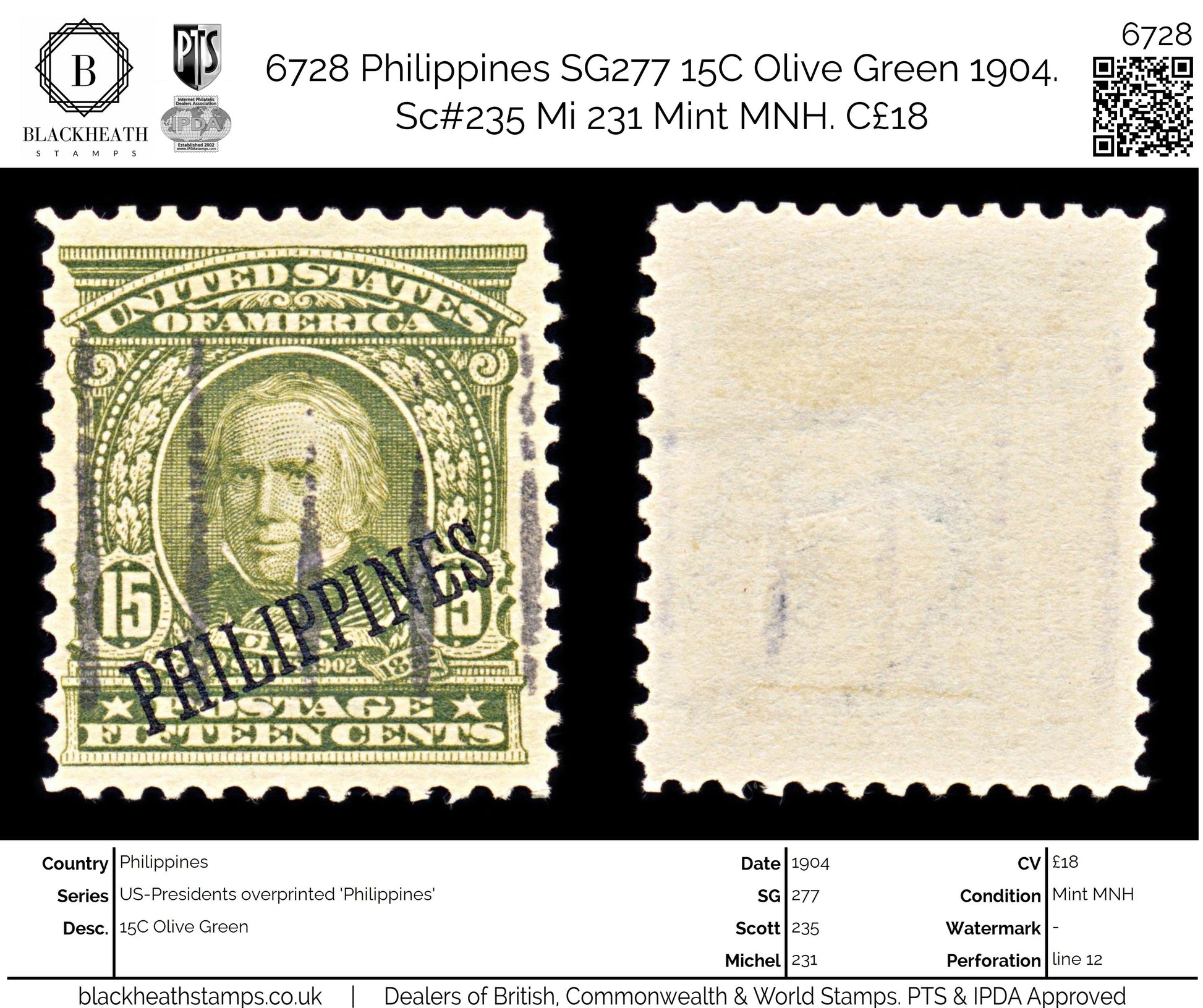 6728 Philippines SG277 15C Olive Green 1904. Sc#235 Mi 231 Mint MNH. C£18