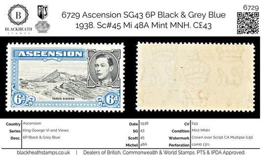 6729 Ascension SG43 6P Black & Grey Blue 1938. Sc#45 Mi 48A Mint MNH. C£43