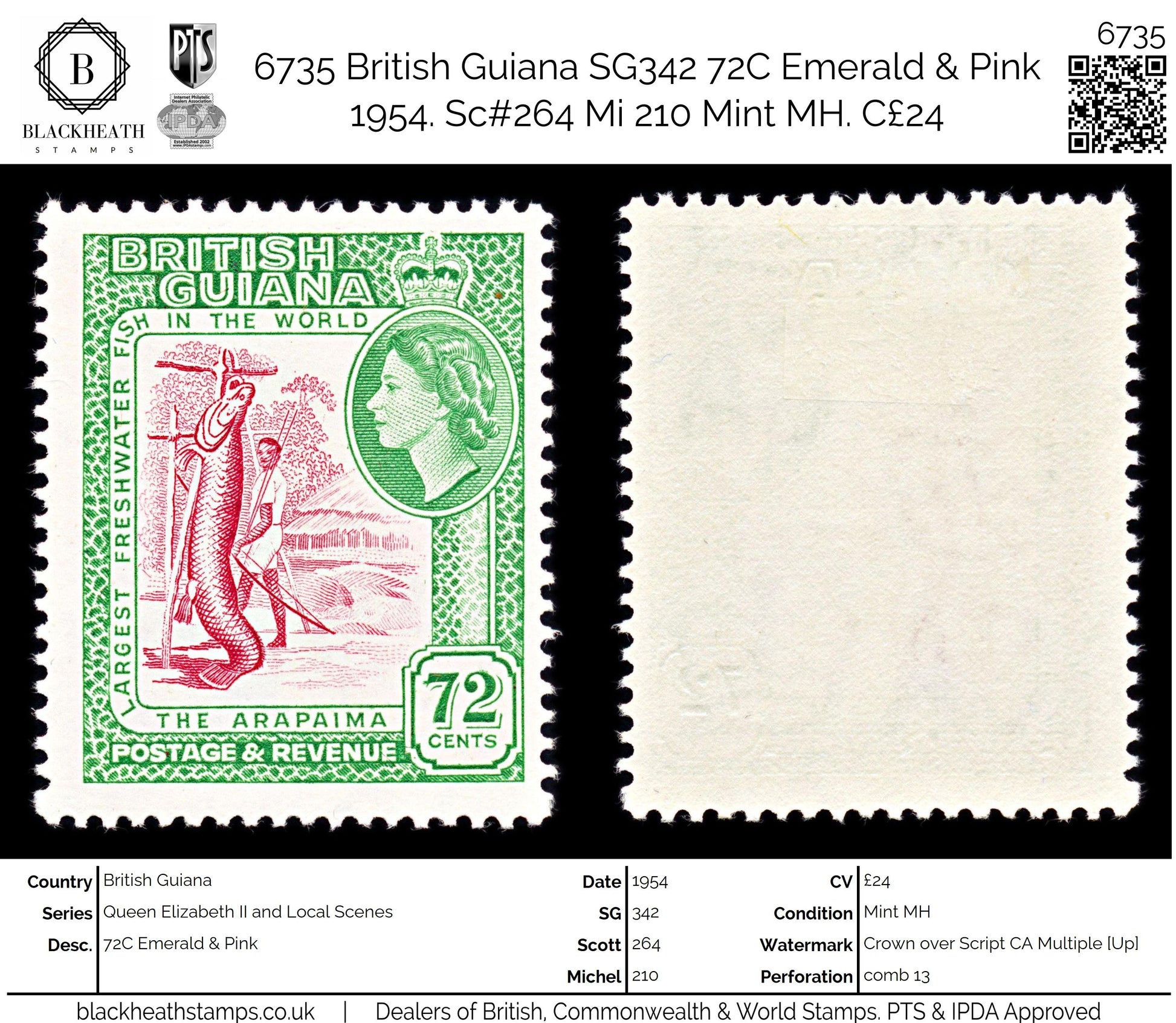 6735 British Guiana SG342 72C Emerald & Pink 1954. Sc#264 Mi 210 Mint MH. C£24