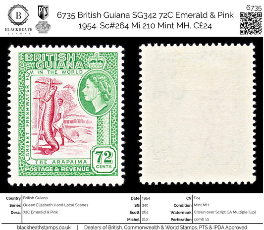 6735 British Guiana SG342 72C Emerald & Pink 1954. Sc#264 Mi 210 Mint MH. C£24