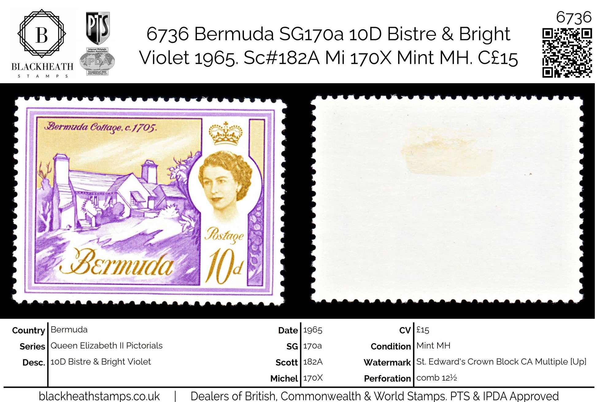 6736 Bermuda SG170a 10D Bistre & Violet 1965. Sc#182A Mi 170X Mint MH. C£15