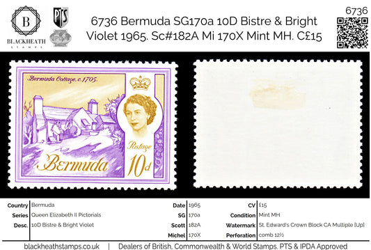 6736 Bermuda SG170a 10D Bistre & Violet 1965. Sc#182A Mi 170X Mint MH. C£15