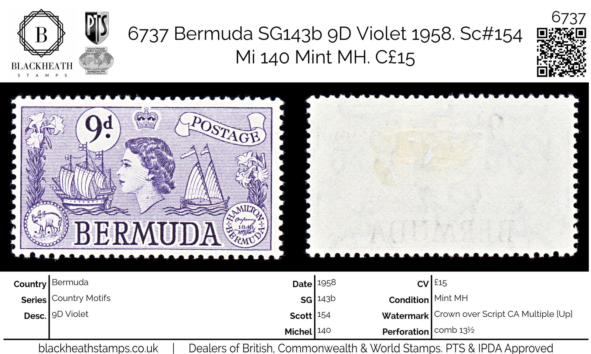 6737 Bermuda SG143b 9D Violet 1958. Sc#154 Mi 140 Mint MH. C£15