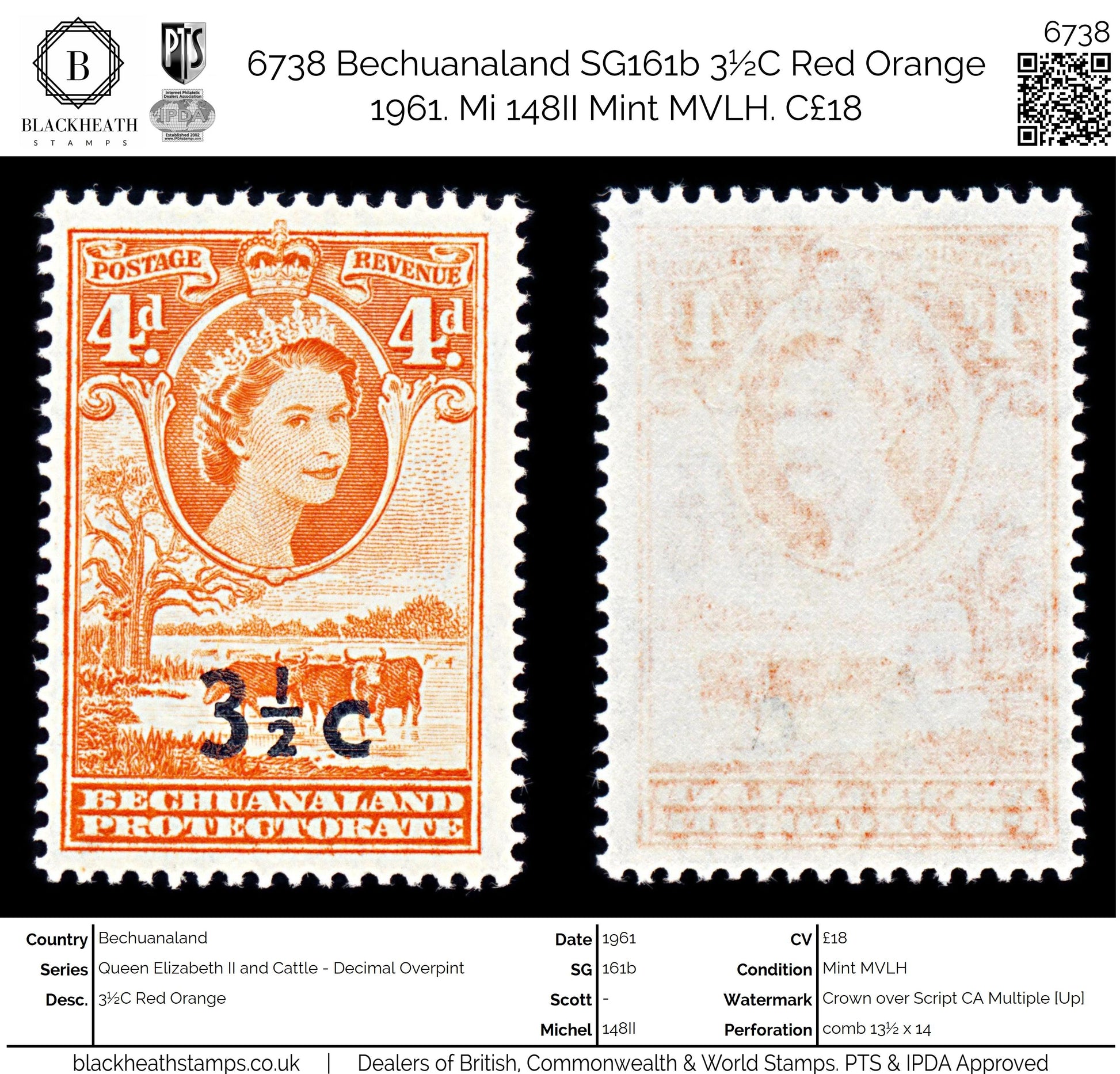 6738 Bechuanaland SG161b 3½C Red Orange 1961. Mi 148II Mint MVLH. C£18