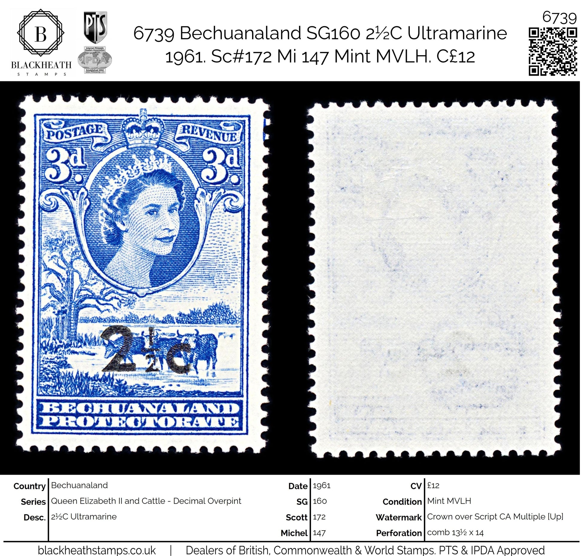 6739 Bechuanaland SG160 2½C Ultramarine 1961. Sc#172 Mi 147 Mint MVLH. C£12