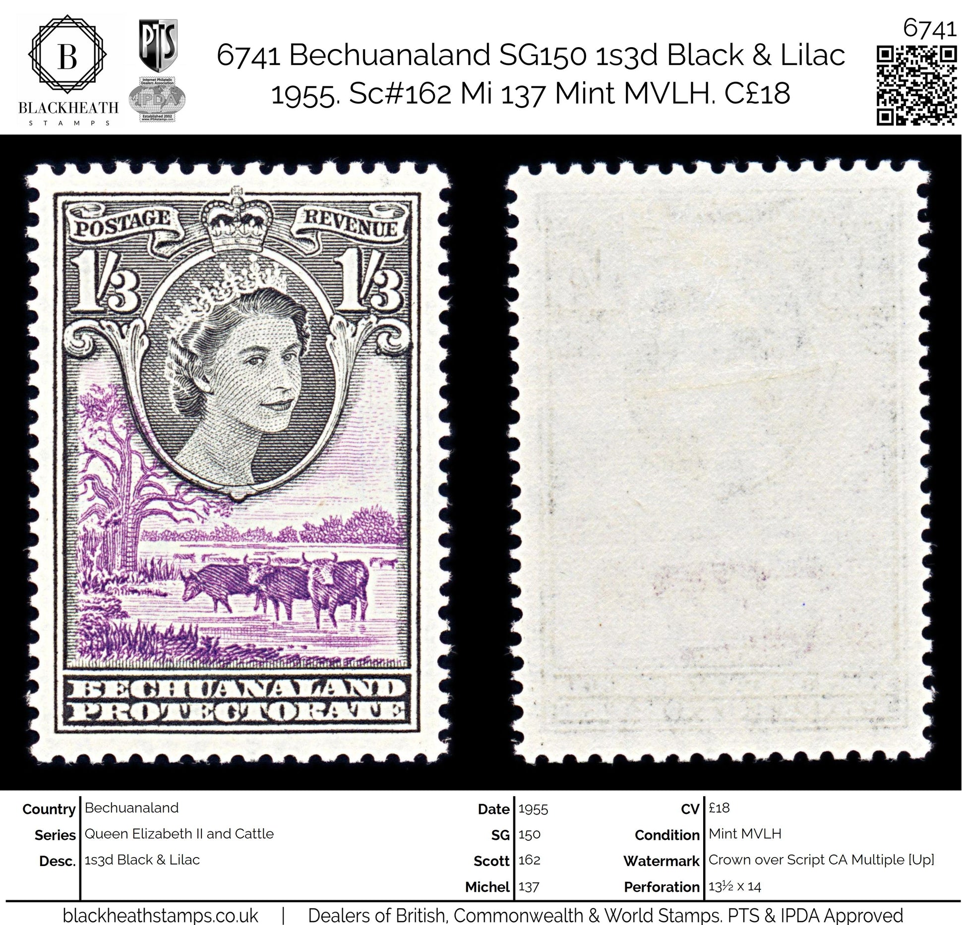 6741 Bechuanaland SG150 1s3d Black & Lilac 1955. Sc#162 Mi 137 Mint MVLH. C£18