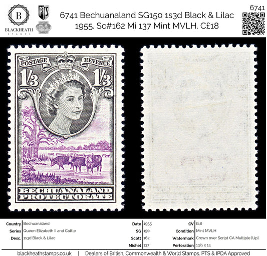 6741 Bechuanaland SG150 1s3d Black & Lilac 1955. Sc#162 Mi 137 Mint MVLH. C£18