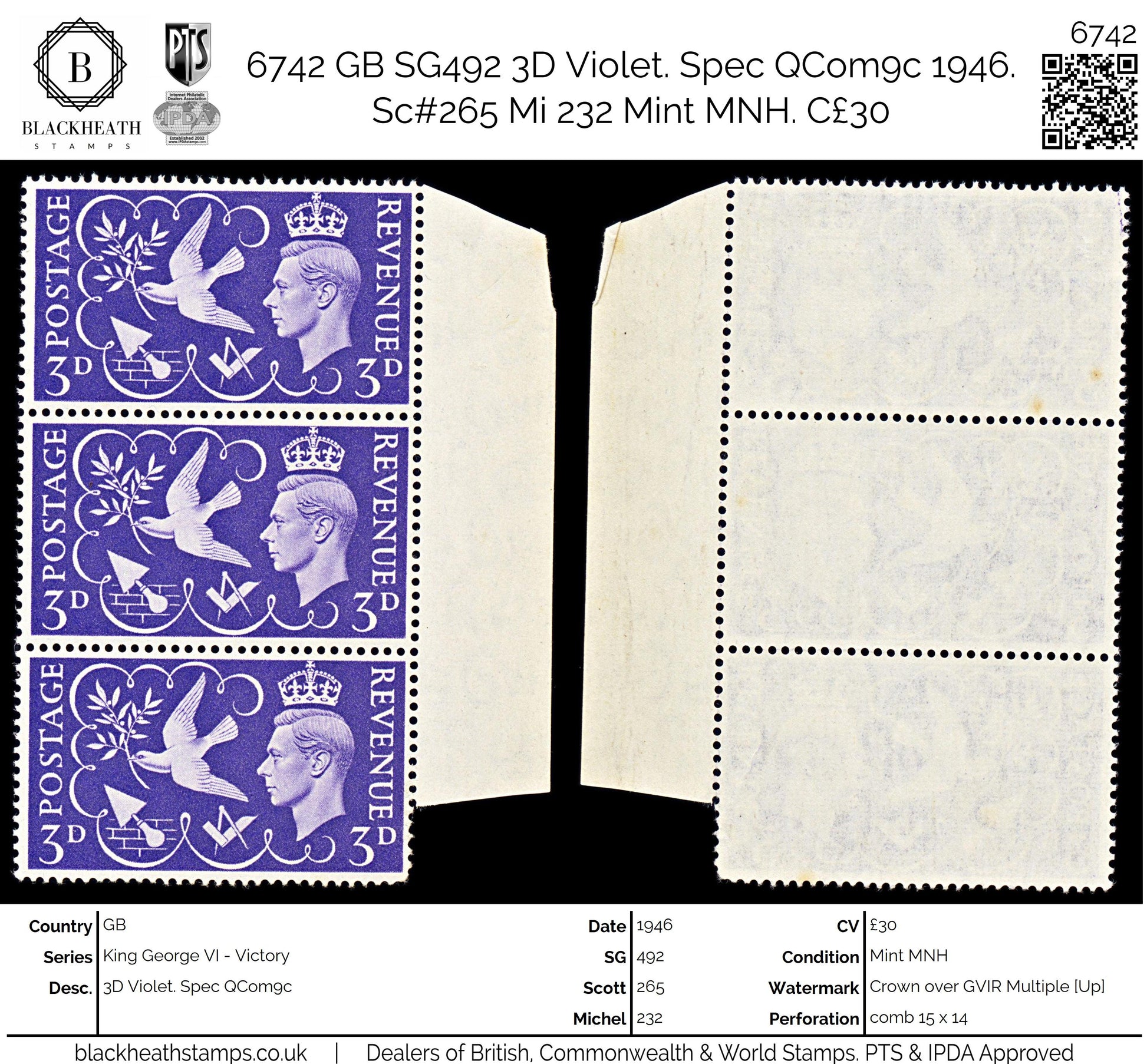 6742 GB SG492 3D Violet. Spec QCom9c 1946. Sc#265 Mi 232 Mint MNH. C£30