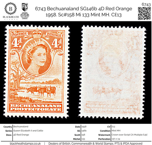 6743 Bechuanaland SG146b 4D Red Orange 1958. Sc#158 Mi 133 Mint MH. C£13