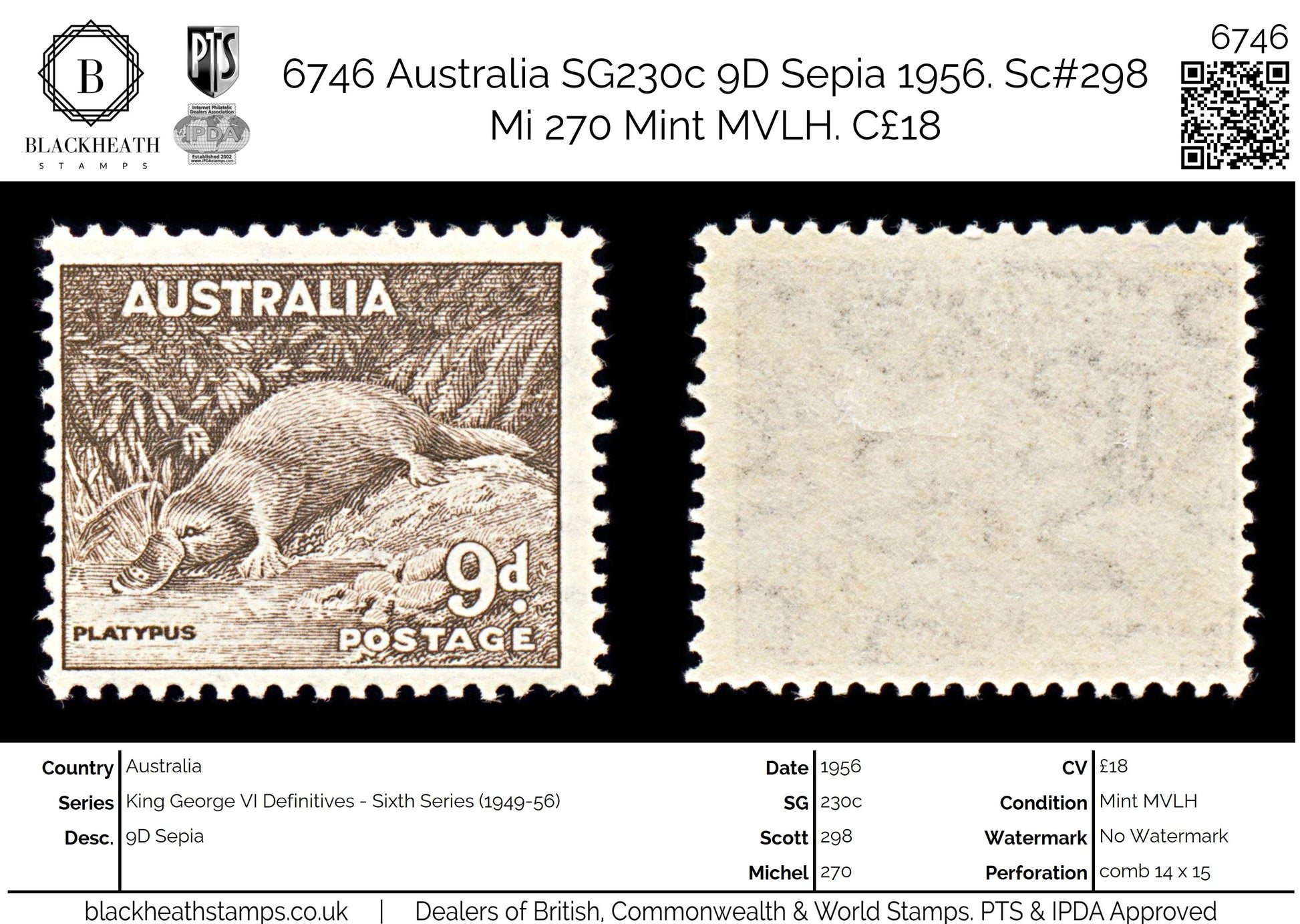 6746 Australia SG230c 9D Sepia 1956. Sc#298 Mi 270 Mint MVLH. C£18