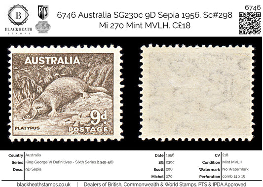 6746 Australia SG230c 9D Sepia 1956. Sc#298 Mi 270 Mint MVLH. C£18