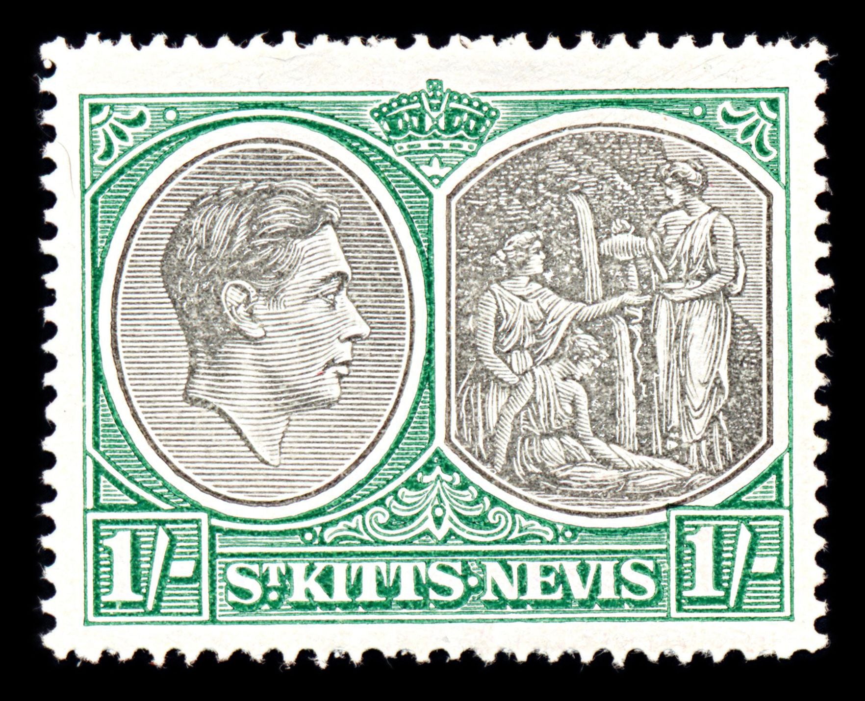 6747 St Kitts & Nevis SG75c 1S Black & Green 1950. Mint MVLH. C£17