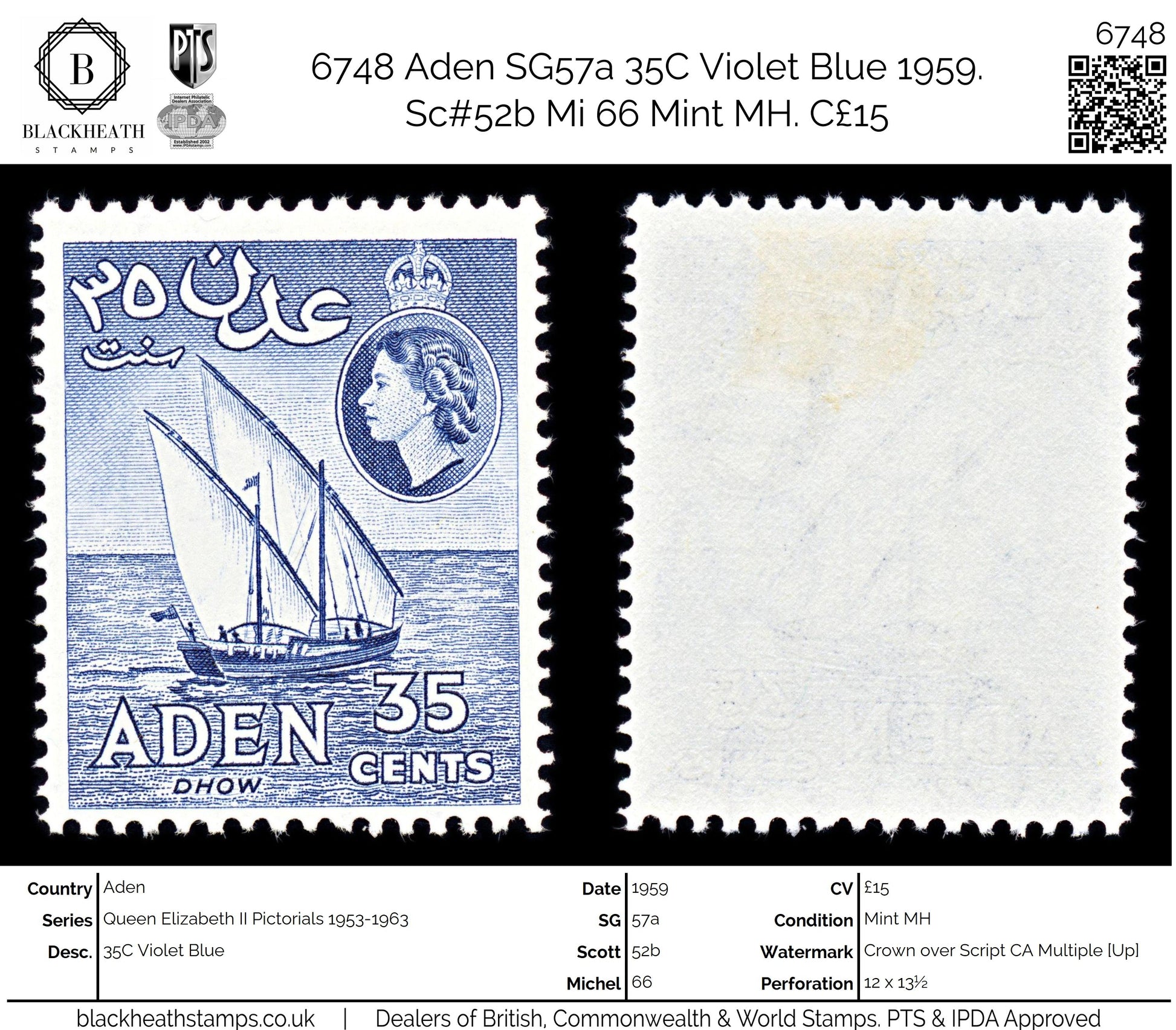 6748 Aden SG57a 35C Violet Blue 1959. Sc#52b Mi 66 Mint MH. C£15