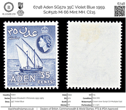 6748 Aden SG57a 35C Violet Blue 1959. Sc#52b Mi 66 Mint MH. C£15