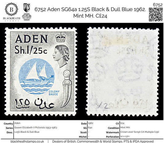 6752 Aden SG64a 1.25S Black & Dull Blue 1962. Mint MH. C£24