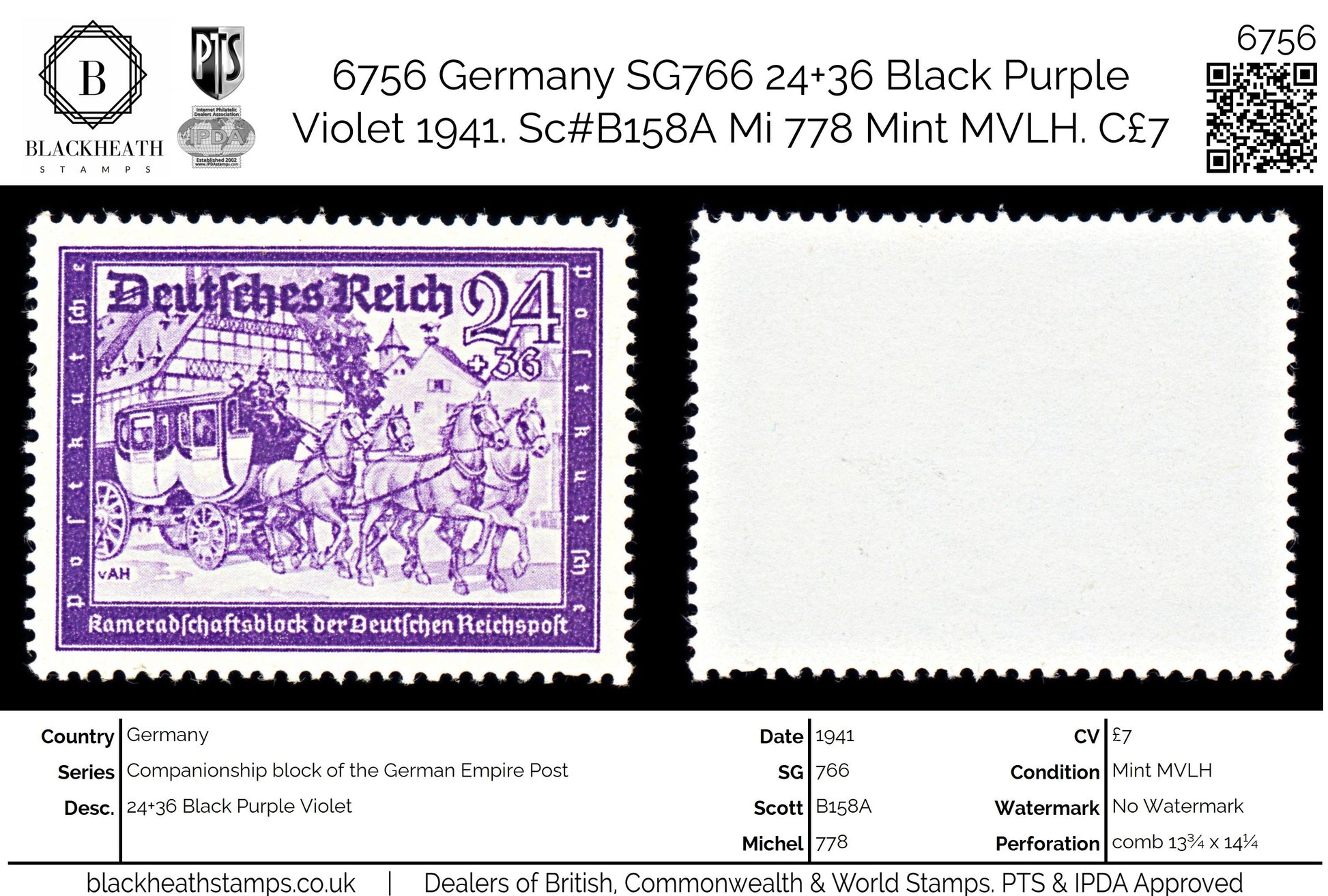 6756 Germany SG766 24+36 Black Violet 1941. Sc#B158A Mi 778 Mint MVLH. C£7