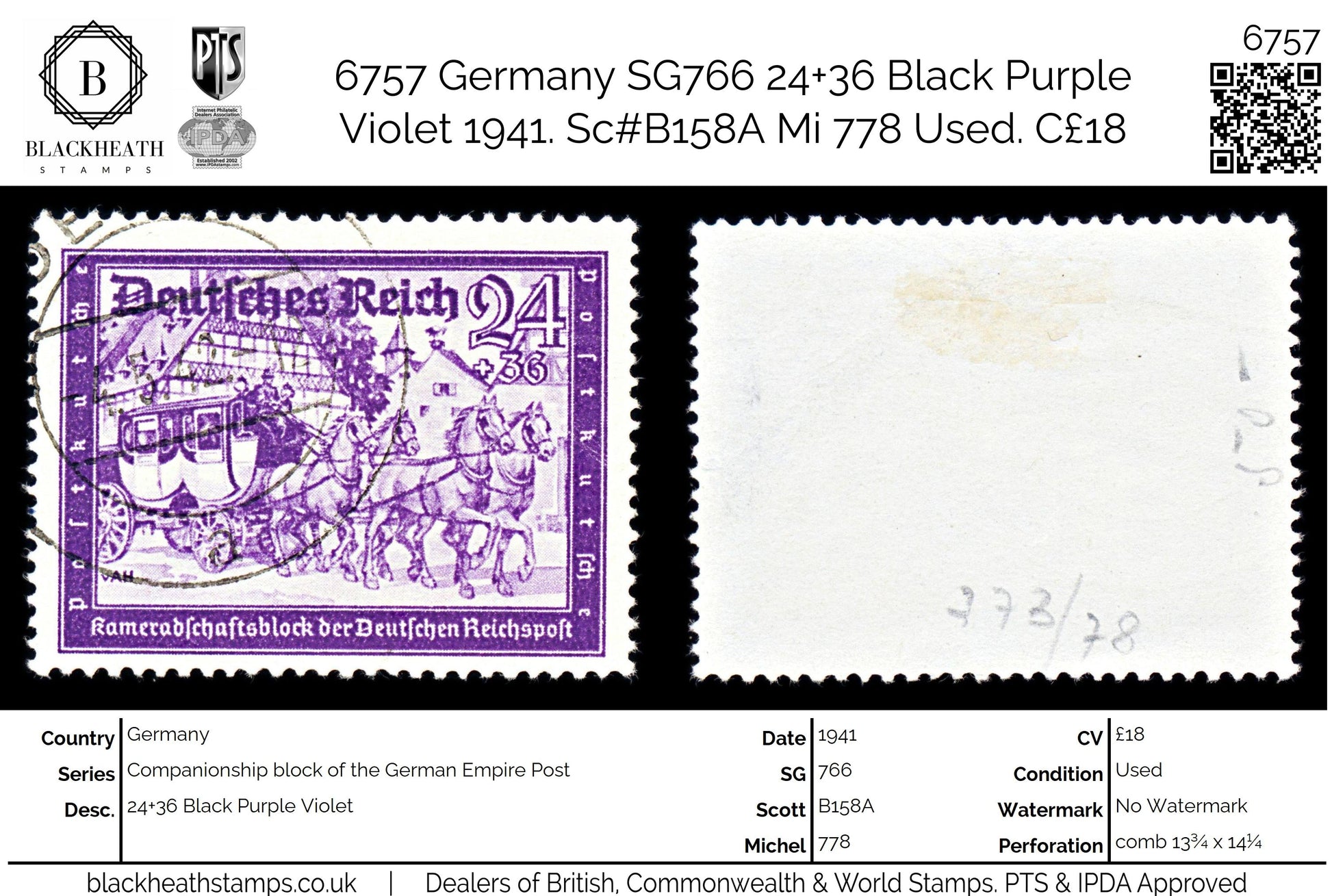 6757 Germany SG766 24+36 Black Purple Violet 1941. Sc#B158A Mi 778 Used. C£18