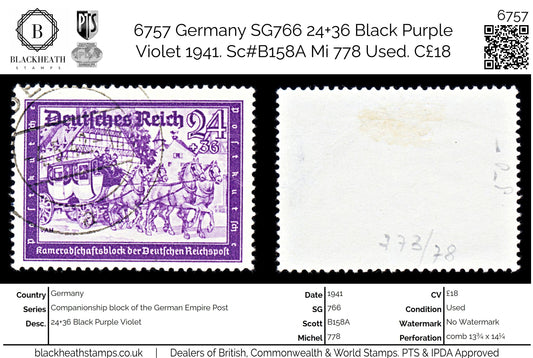 6757 Germany SG766 24+36 Black Purple Violet 1941. Sc#B158A Mi 778 Used. C£18