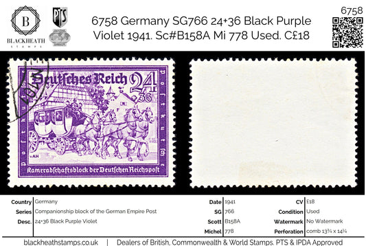 6758 Germany SG766 24+36 Black Purple Violet 1941. Sc#B158A Mi 778 Used. C£18