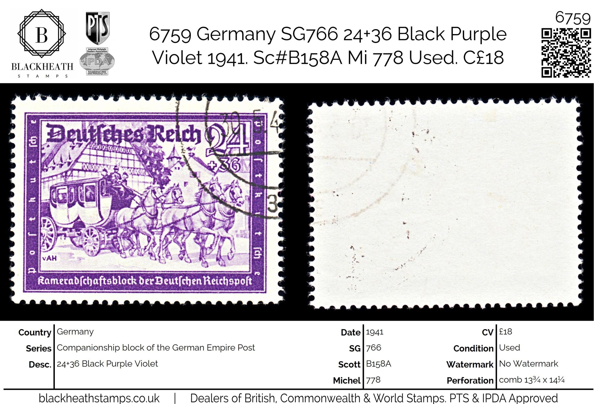 6759 Germany SG766 24+36 Black Purple Violet 1941. Sc#B158A Mi 778 Used. C£18