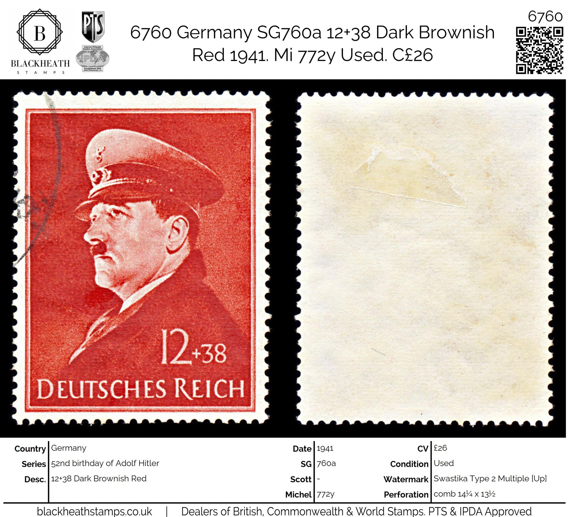 6760 Germany SG760a 12+38 Dark Brownish Red 1941. Mi 772y Used. C£26