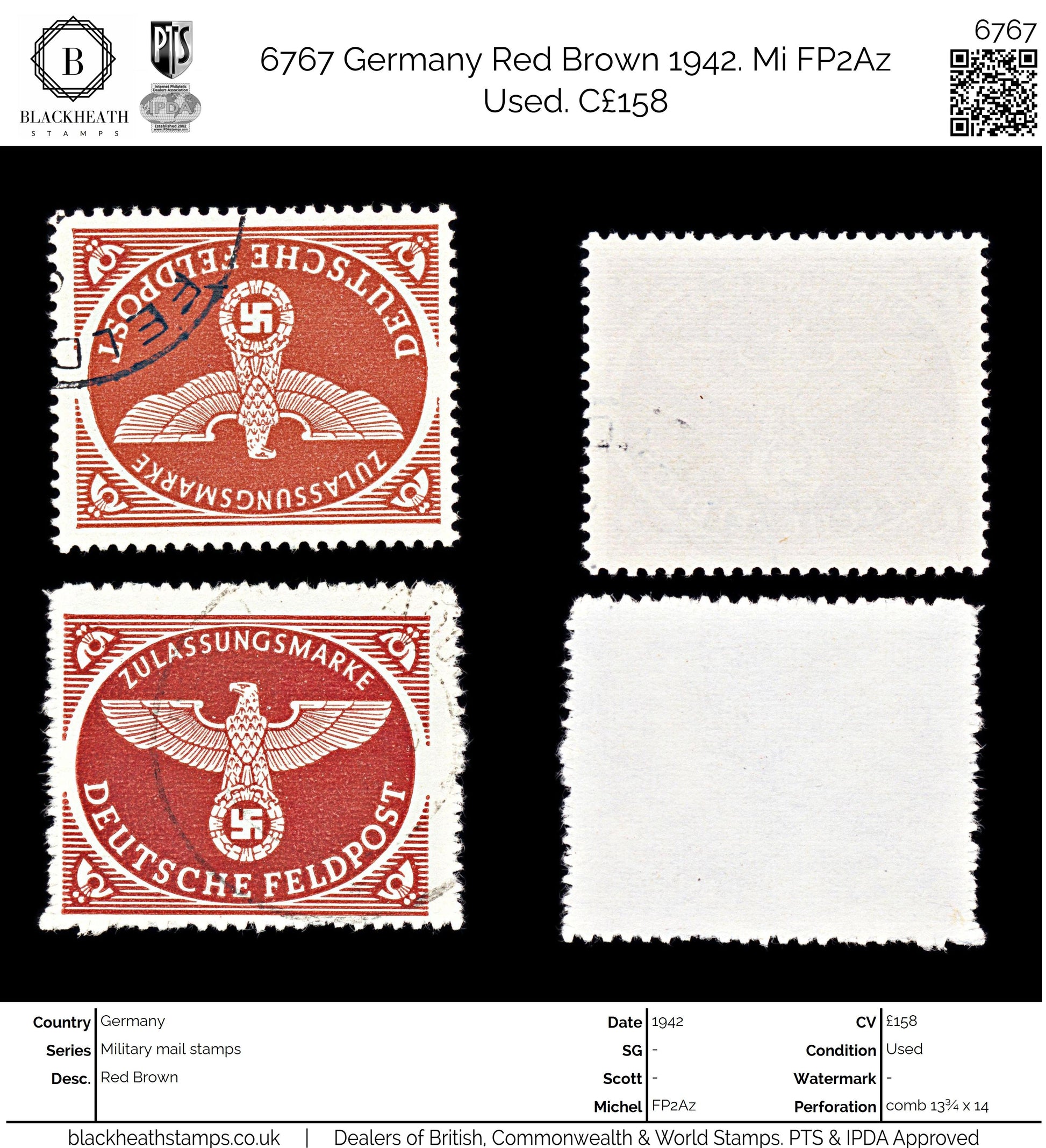 6767 Germany Red Brown 1942. Mi FP2Az Used. C£158