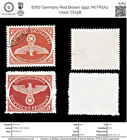 6767 Germany Red Brown 1942. Mi FP2Az Used. C£158