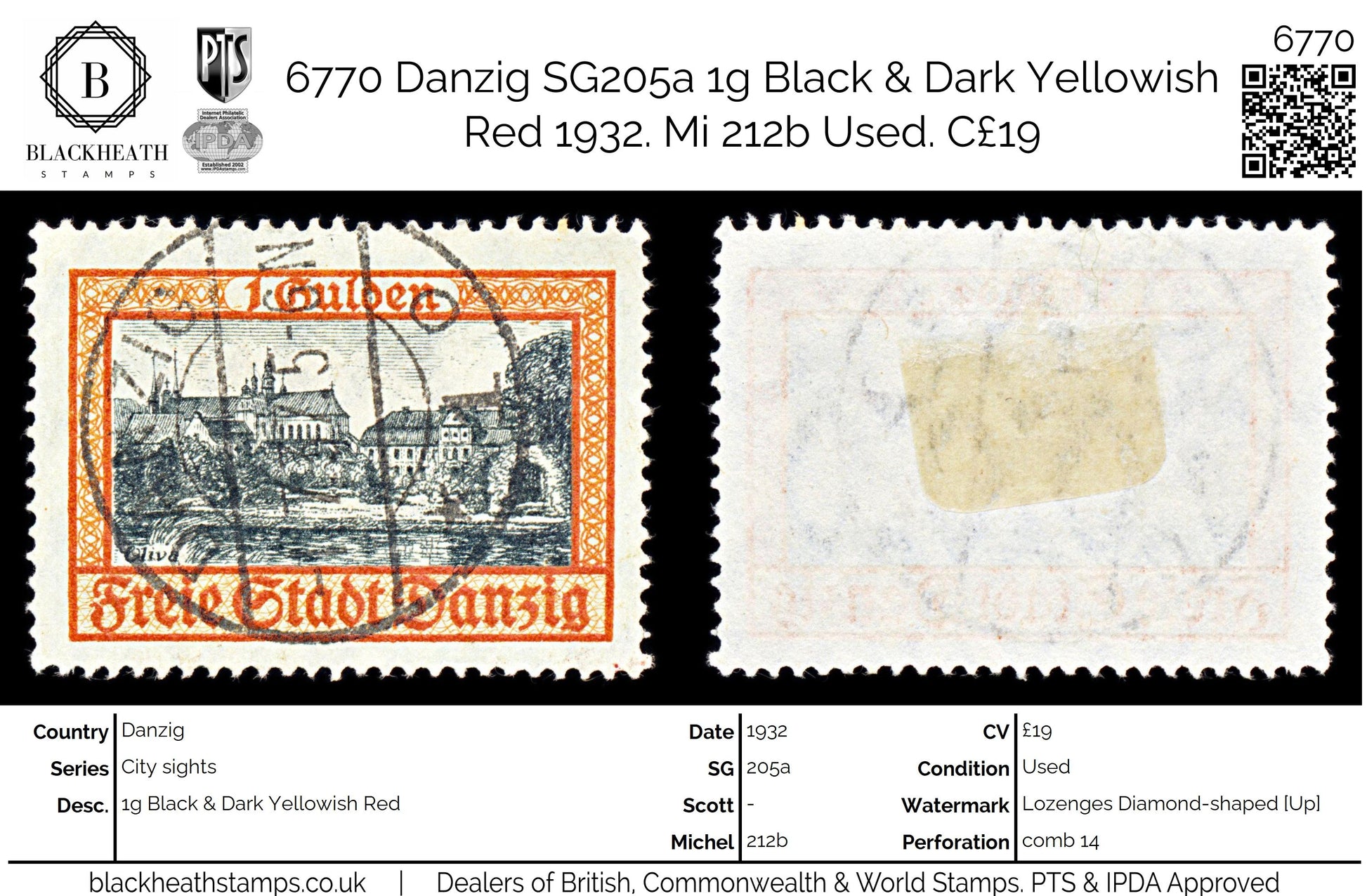 6770 Danzig SG205a 1g Black & Dark Yellowish Red 1932. Mi 212b Used. C£19