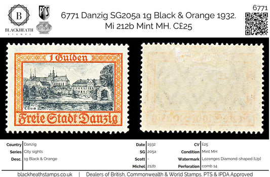 6771 Danzig SG205a 1g Black & Orange 1932. Mi 212b Mint MH. C£25