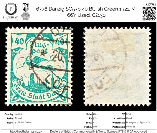 6776 Danzig SG57b 40 Bluish Green 1921. Mi 66Y Used. C£130