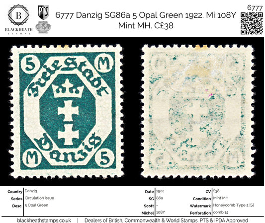 6777 Danzig SG86a 5 Opal Green 1922. Mi 108Y Mint MH. C£38