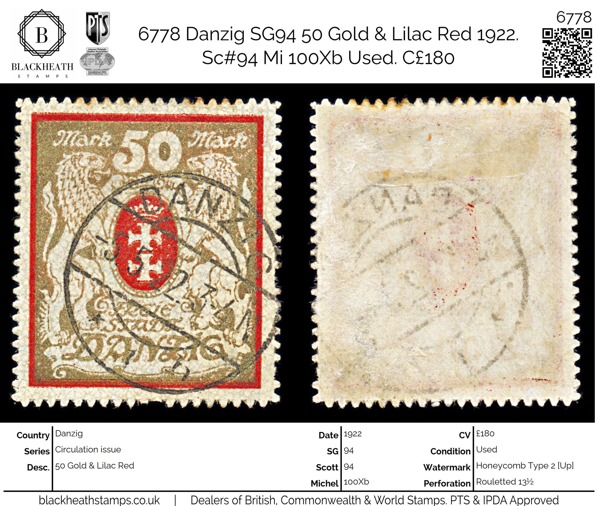 6778 Danzig SG94 50 Gold & Lilac Red 1922. Sc#94 Mi 100Xb Used. C£180