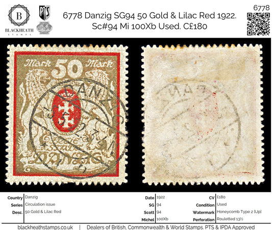 6778 Danzig SG94 50 Gold & Lilac Red 1922. Sc#94 Mi 100Xb Used. C£180