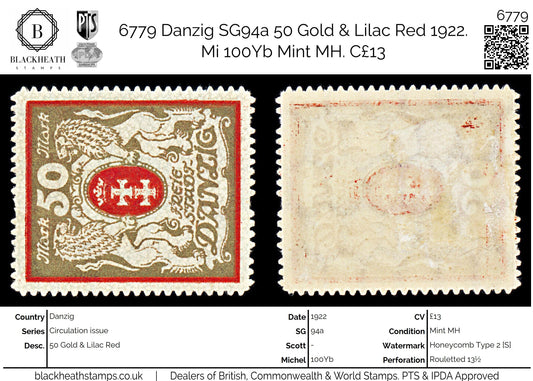 6779 Danzig SG94a 50 Gold & Lilac Red 1922. Mi 100Yb Mint MH. C£13