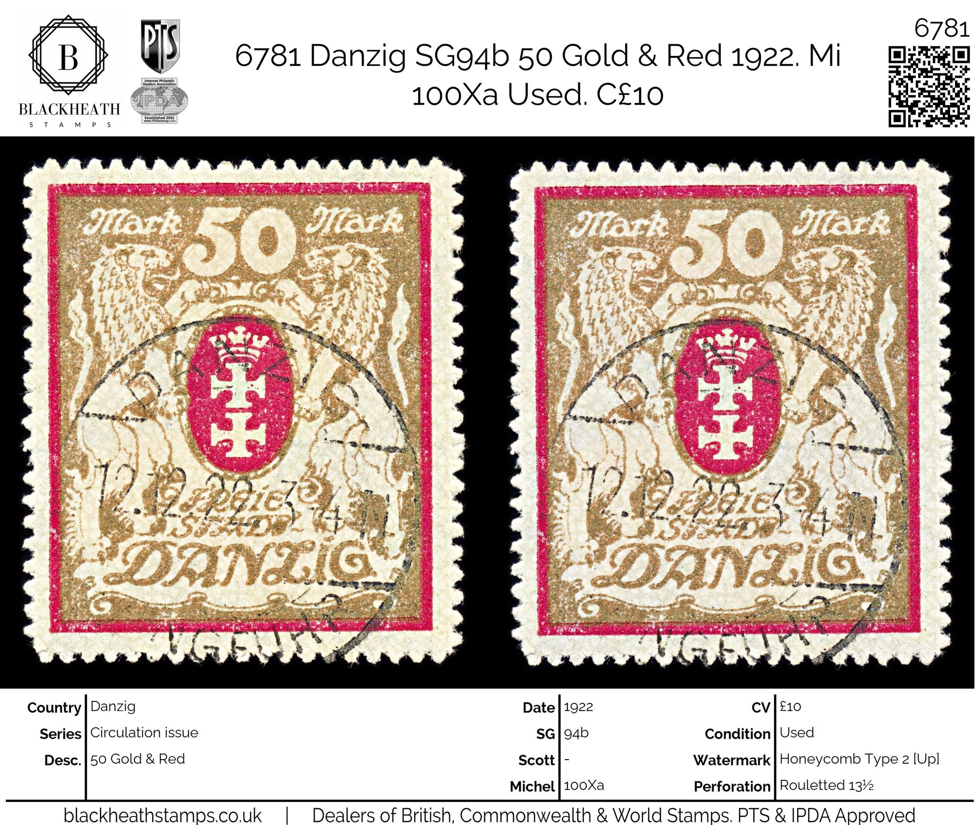 6781 Danzig SG94b 50 Gold & Red 1922. Mi 100Xa Used. C£10