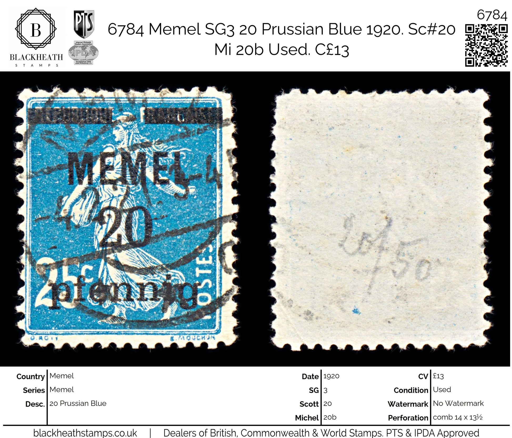 6784 Memel SG3 20 Prussian Blue 1920. Sc#20 Mi 20b Used. C£13