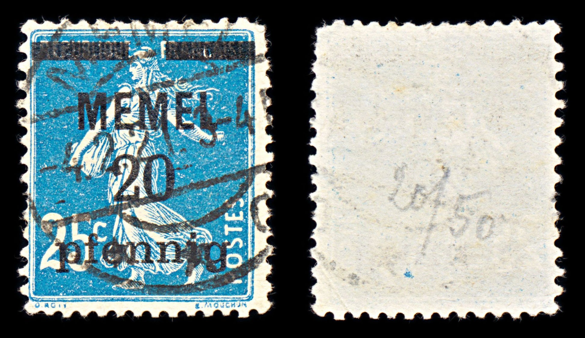 6784 Memel SG3 20 Prussian Blue 1920. Sc#20 Mi 20b Used. C£13