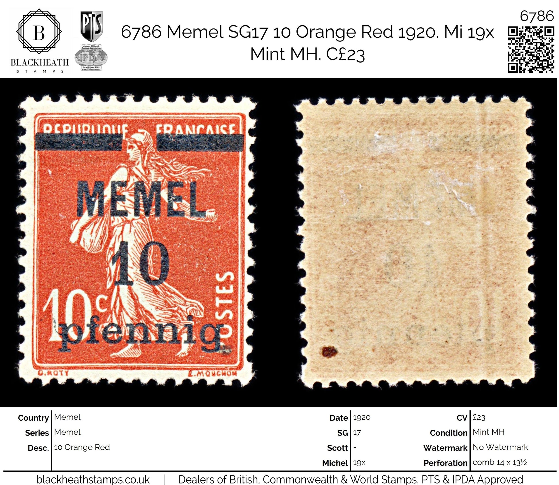 6786 Memel SG17 10 Orange Red 1920. Mi 19x Mint MH. C£23