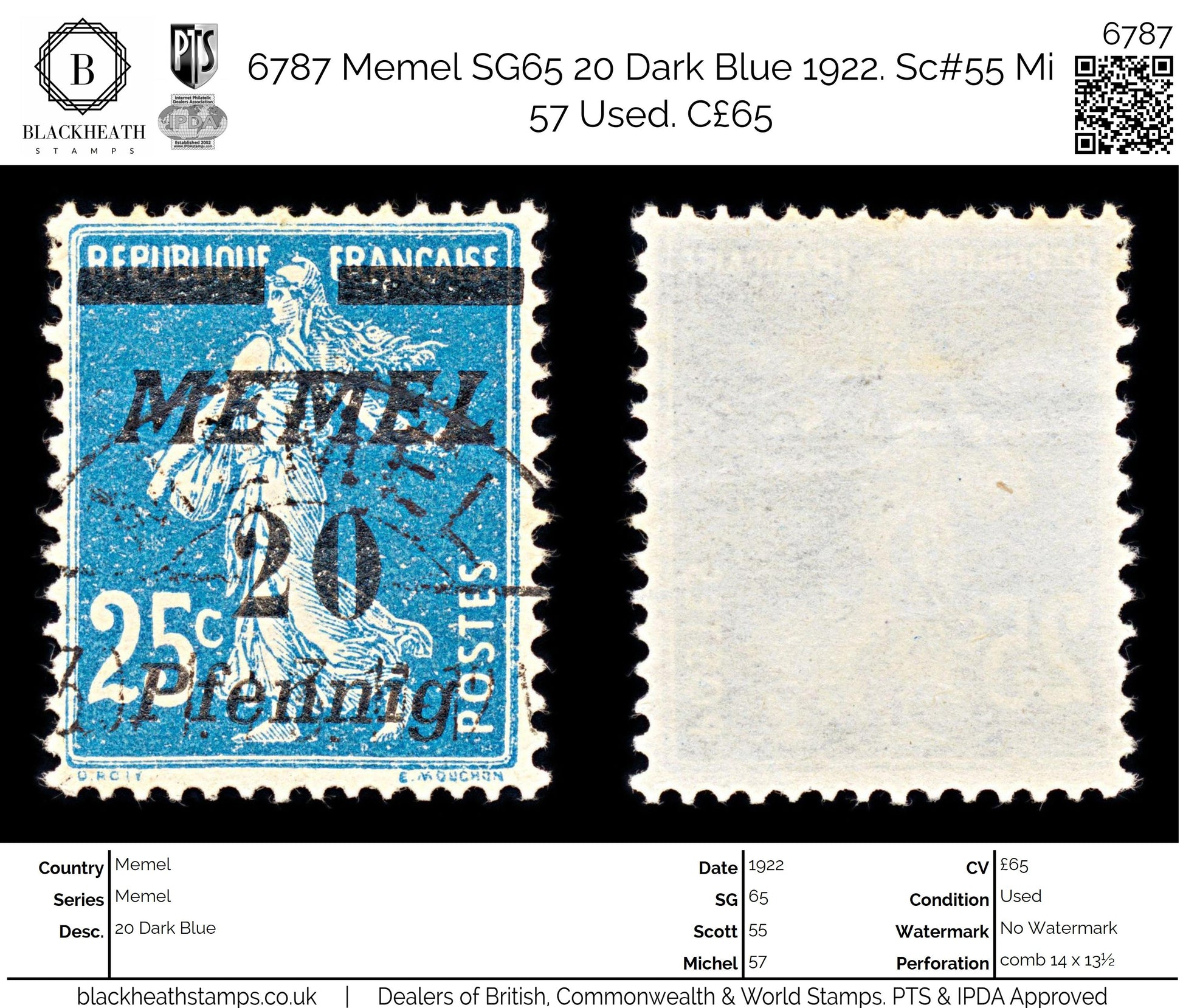 6787 Memel SG65 20 Dark Blue 1922. Sc#55 Mi 57 Used. C£65