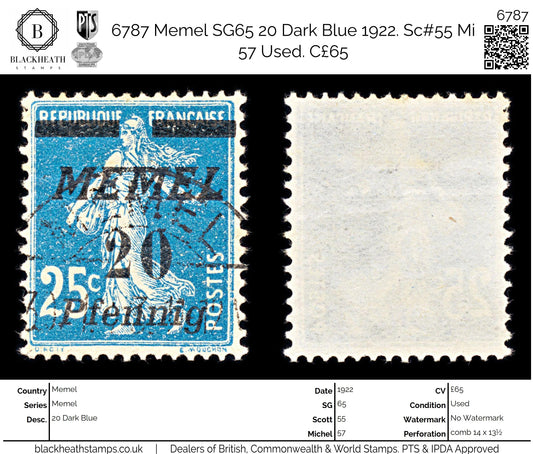 6787 Memel SG65 20 Dark Blue 1922. Sc#55 Mi 57 Used. C£65