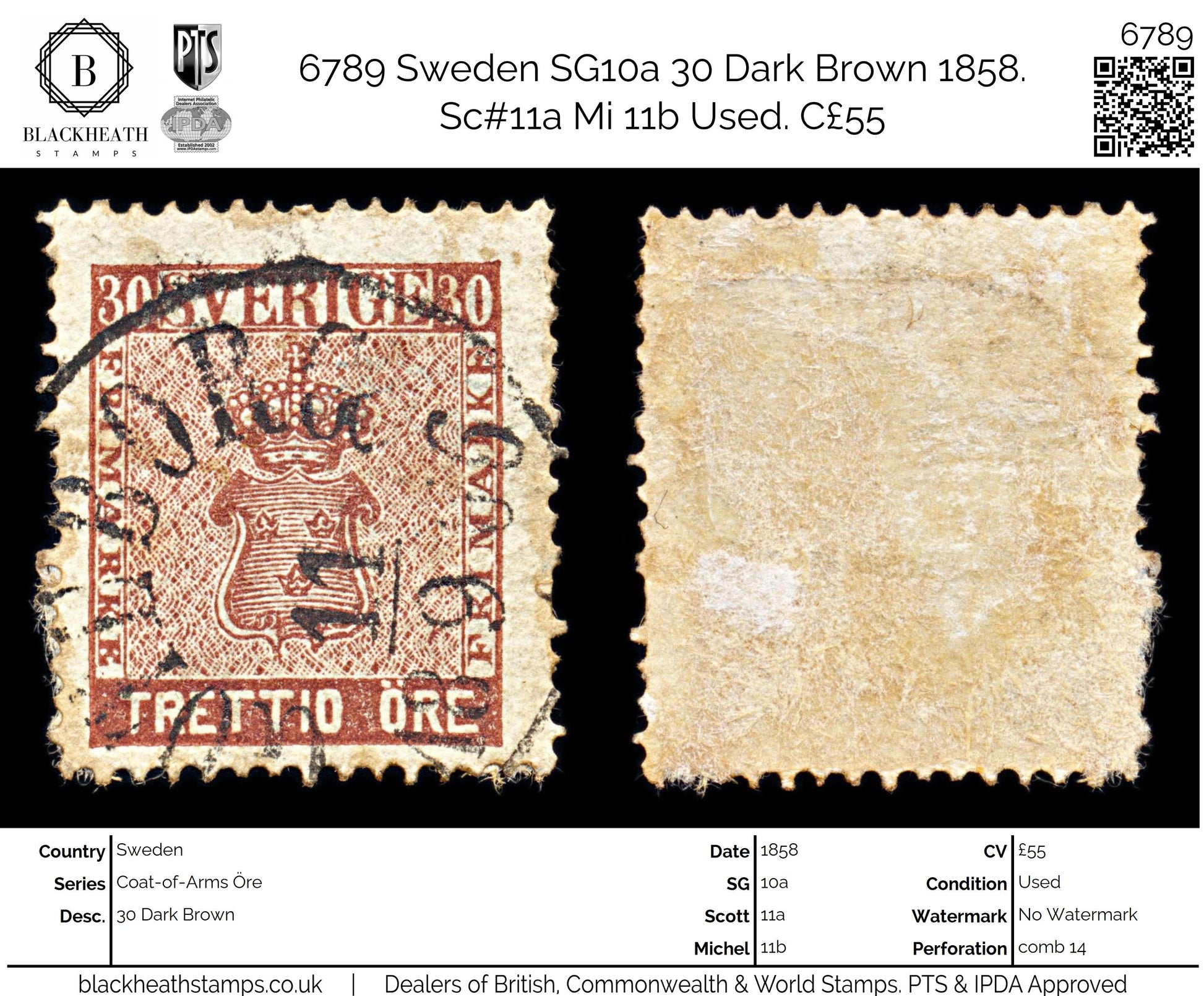 6789 Sweden SG10a 30 Dark Brown 1858. Sc#11a Mi 11b Used. C£55